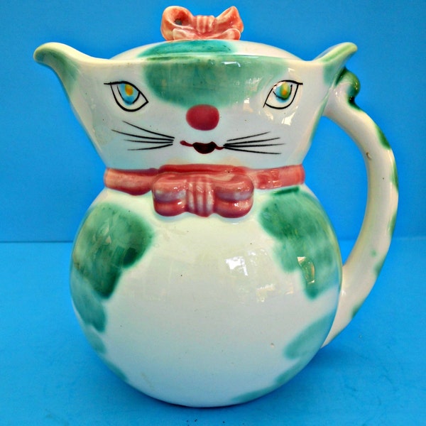 Kitty Cat Tea Pot, Lipper and Mann Holt Howard Pixieware, Mid-Century Modern 50's - 60's, White Green Spots, Pink Bow, Cat Figurine Pitcher