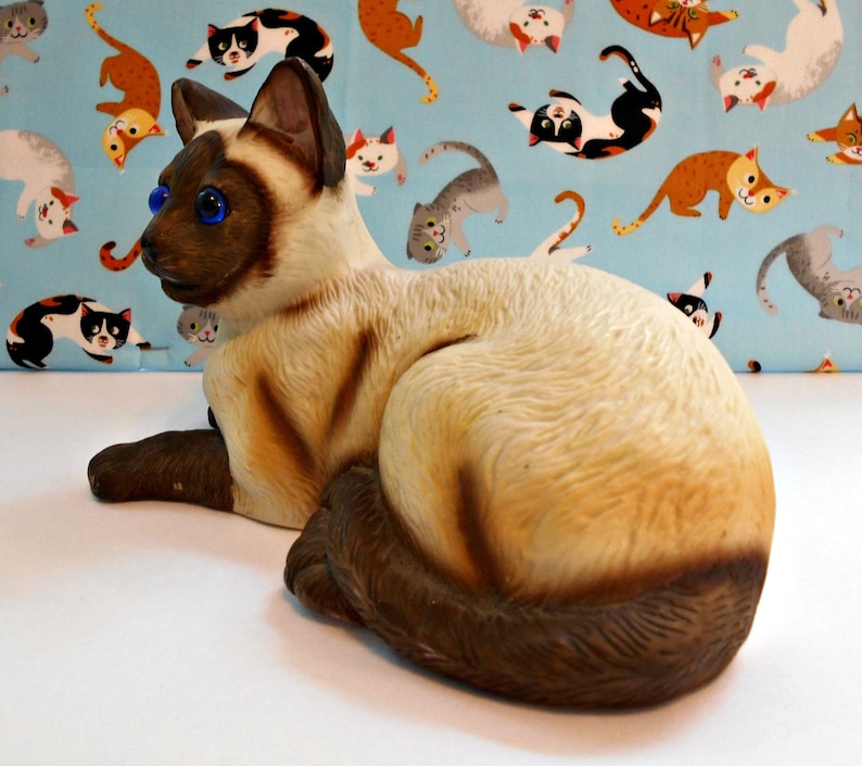  Ceramic  Siamese  Cat  Figurine Beige and Brown Cat  Dark Blue 
