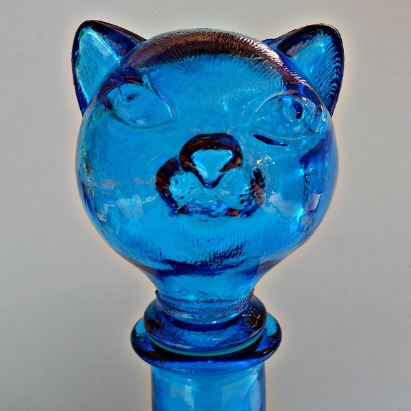 Cat Decanter Bottle,Textured Glass Bottle, Siamese Carnival Blue Container,Italian Art Glass Cat, 14.5 " tall Kitty