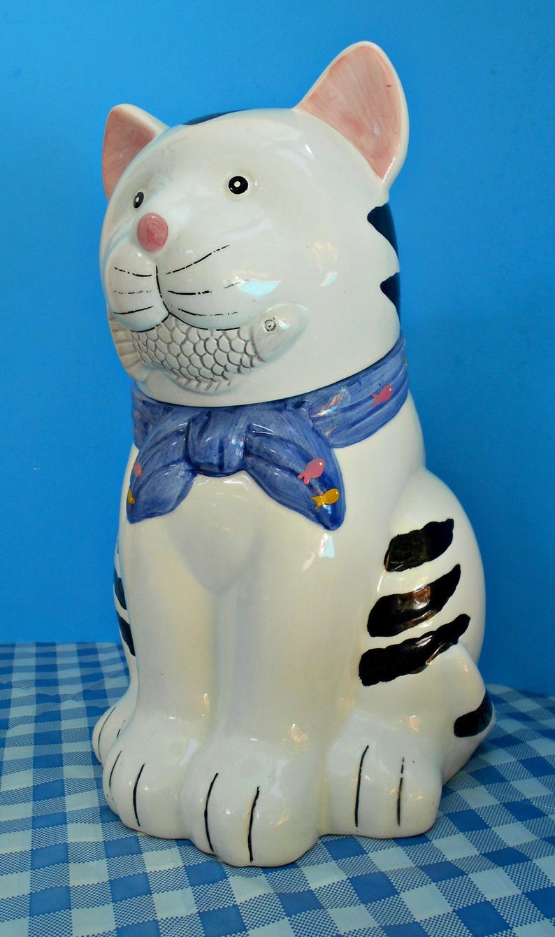 Large Ceramic Kitty Cat Cookie Jar White With Black Stripes Etsy
