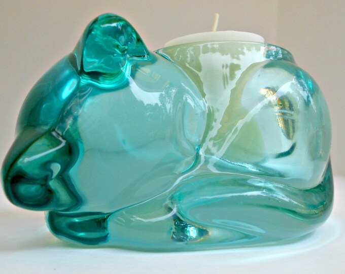 Glass Cat Votive Candle Holder Aqua Glass Sleeping Kitty Etsy