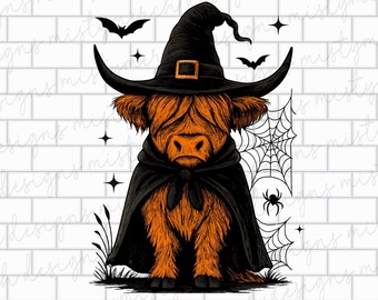 Cute Highland Cow Halloween PNG witch spooky halloween cute clipart, Halloween aesthetic, Kids halloween PNG Digital download