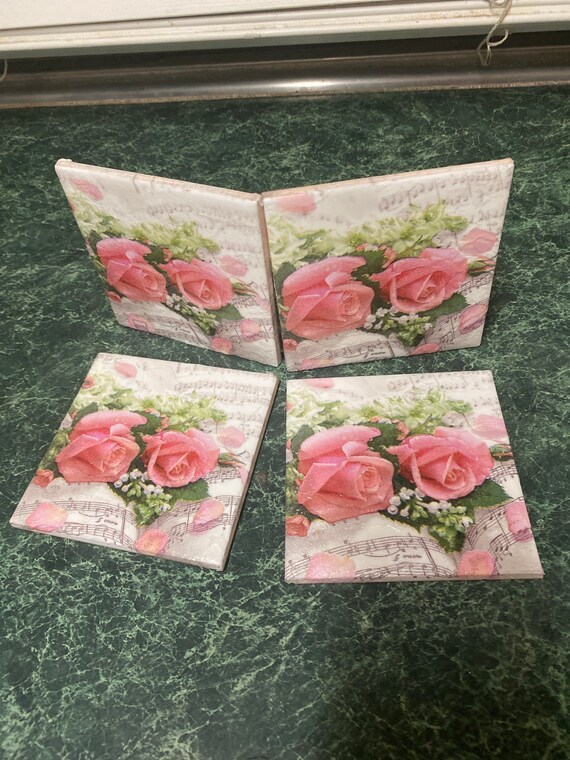 Music Notes and Roses tile coasters
