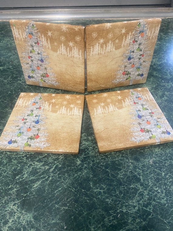 Gold Christmas Ceramic Tile Coasters