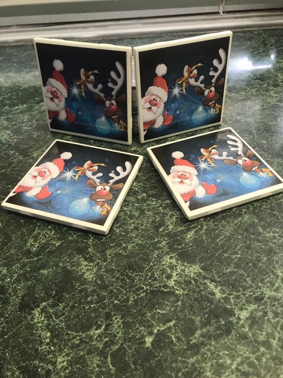 Santa and Rudolph ceramic tile coasters