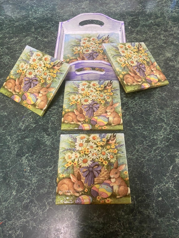 Easter Bunny ceramic tile coasters with holder