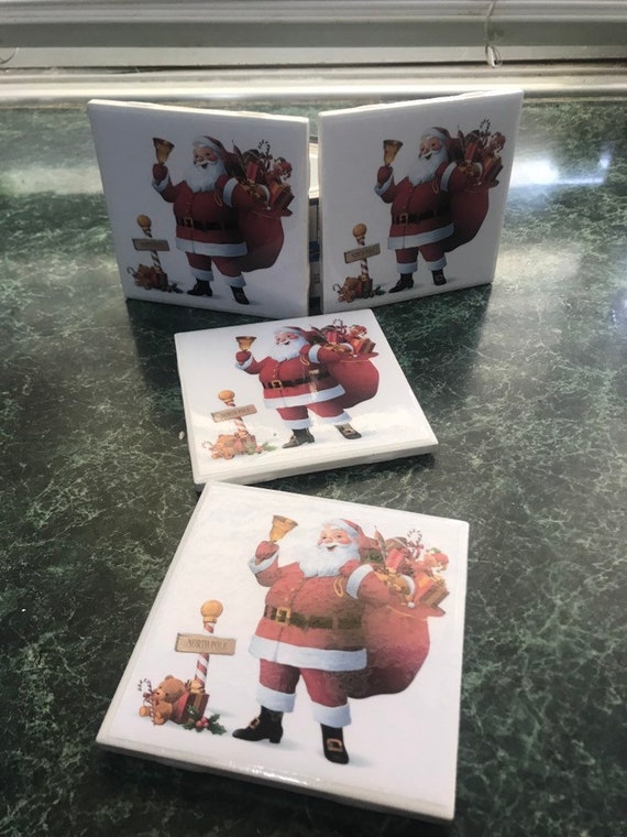 Santa at the North Pole ceramic tile coasters