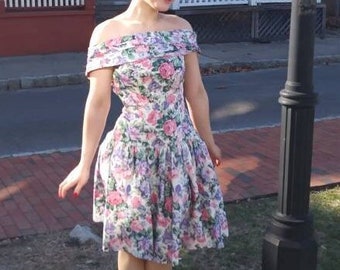 Fabulous 1950's Drop Waist Off the Shoulder Full Skirt Floral Party Dress Prom