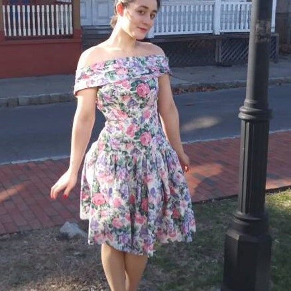 Fabulous 1950's Drop Waist Off the Shoulder Full Skirt Floral Party Dress Prom