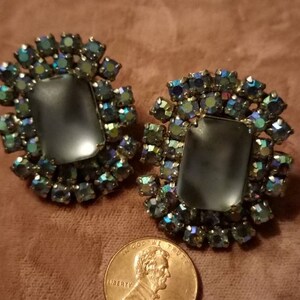 Aurora Borealis Vintage Crystal Rhinestone Clip On Earrings Blue Tones Large Statement Piece