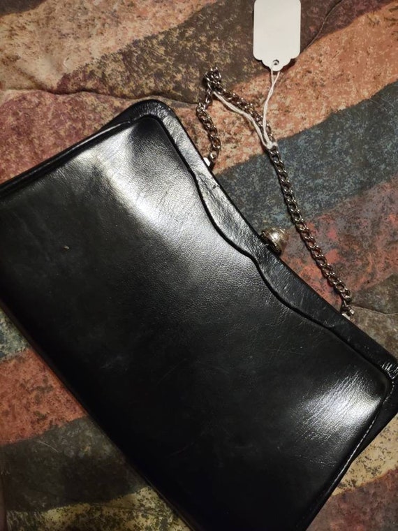 Black Leather 1950s Purse Handbag Clutch - image 3