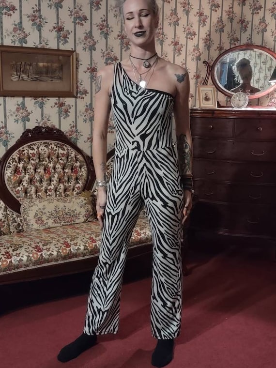 1990s One Shoulder Size Small Zebra Tiger Jumpsuit