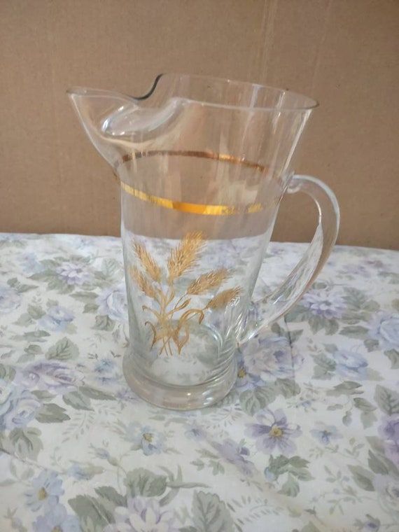 Golden Wheat Pattern Vintage Clear Glass Pitcher Water Tea Sangria Lemonade  Tea Party Juice 