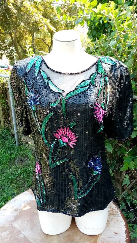 Sequin Blouse Top 1980's Glam Pretty Floral