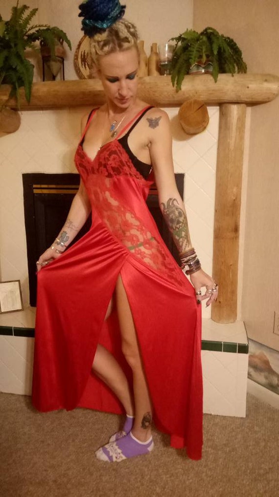 Lace Sexy Red Hot negligee nightgown High side sli