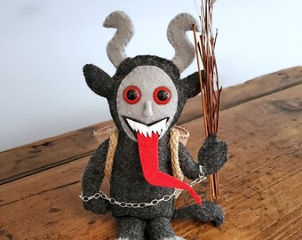 Handmade Felt Krampus Doll with Chain, Switch, & Children
