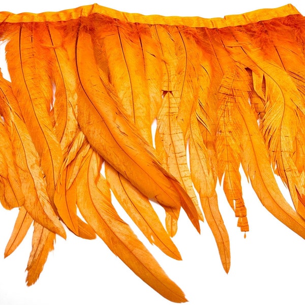 Orange Rooster Tail Fringe, 2.5" Inch Strip - Schlappen Strung Rooster Feathers