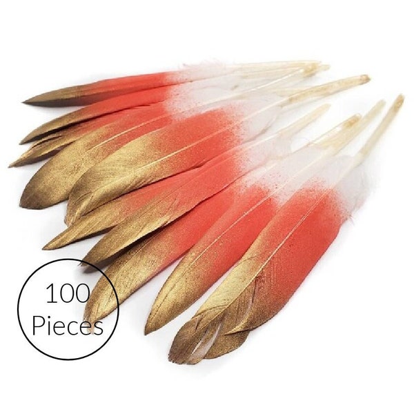 BULK 100, Gold Tip Coral Pink Goose Feathers, 4-6" Inches