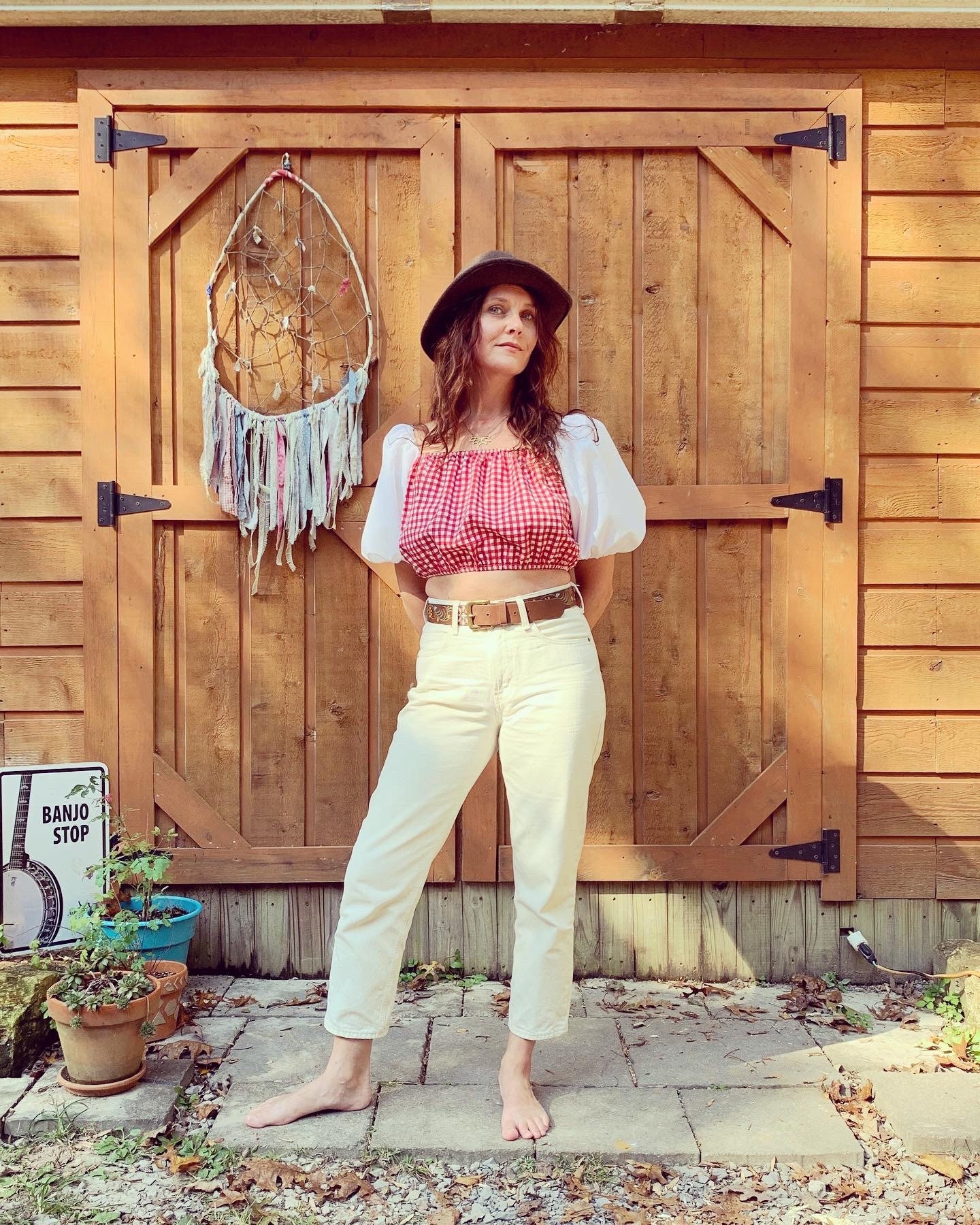 Red Gingham Puff Sleeve Cropped Top 