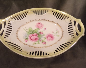 Bavarian Chins Rose Printed Oval Serving Dish with Gold Leaf Stencil