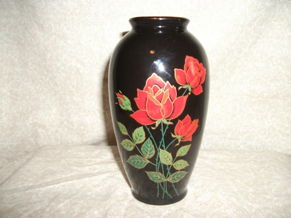 Vintage Ceramic 70' Floral Vase Black Made in Japan - Etsy