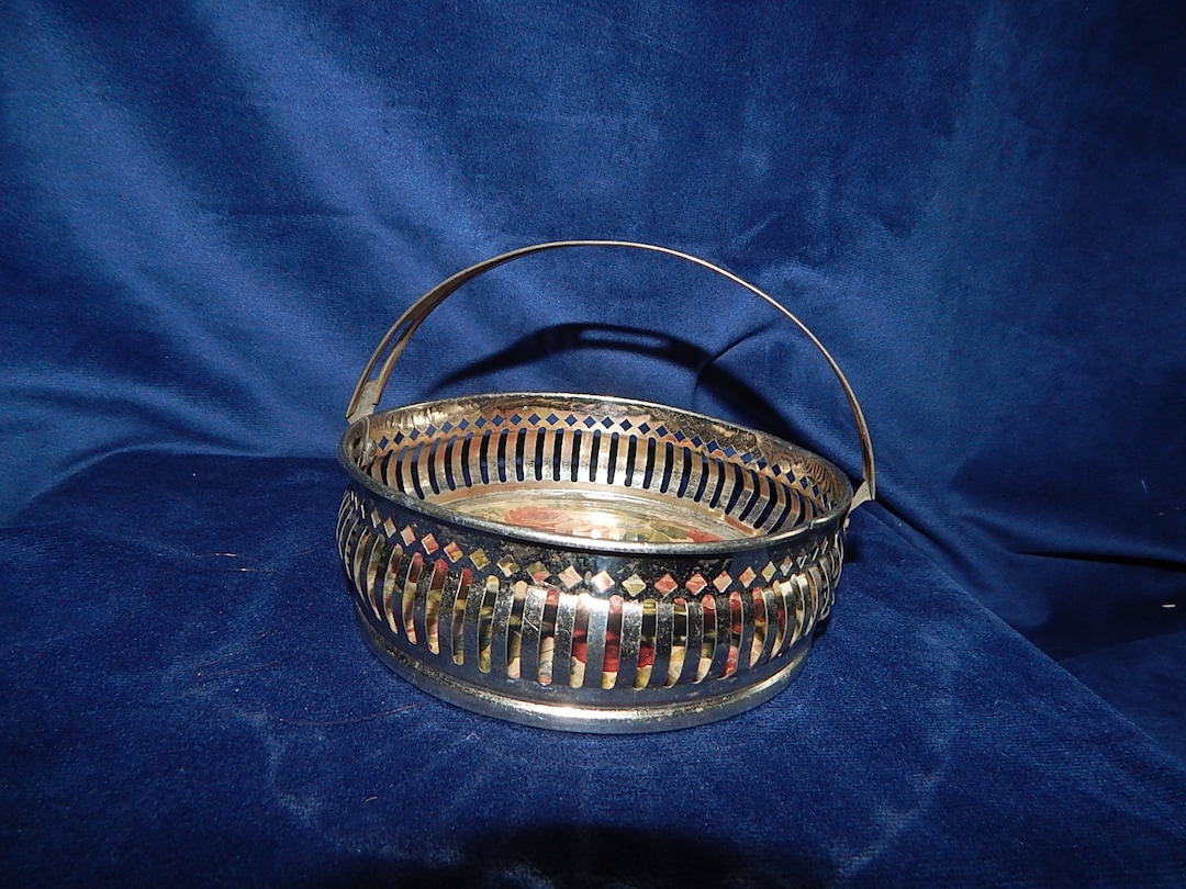 Vintage Tin Basket With Glass and Rose Cardboard Bottom Etsy