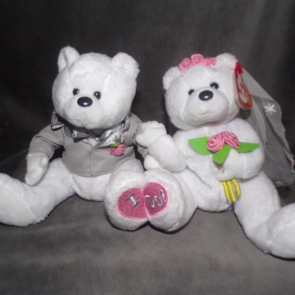 Vintage Beanie Babies "I DO"  Bride and Groom "WE DO" Wedding Bears Couples Joined Bears