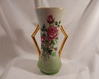 Vintage Ceramic Rose Design Vase with Gold Handles
