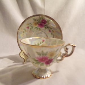 Hand Painted Luster-ware Porcelain Tea Cup and Saucer Chrysanthemum a September Aster Flower
