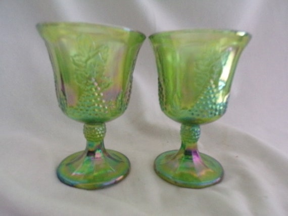 Vintage Lot of 2 Green Carnival Glass Harvest Grape Wine Goblets 1970's