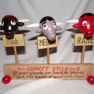 Vintage Wooden Long Horn Meat Markers / Skewers with Stand
