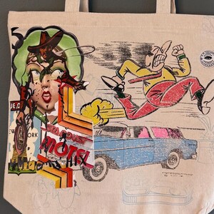 Borsa tote in tela fatta a mano / Borsa a tracolla con collage artistico, immagini vintage, toppe ricamate e iniziali monogrammate