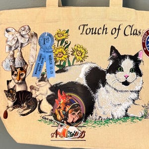 Bolso tote de lona vintage con diseño de gato y osito de peluche - Bolso de compras con monograma personalizado estilo collage