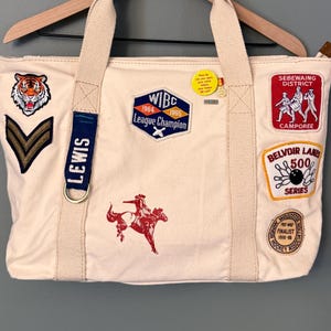 Torba płócienna z recyklingu | Wzór vintage, patchworkowy, Americana | Torba zapinana na zamek z personalizowanym haftowanym monogramem