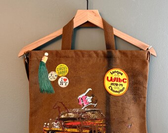 Canvas Messenger Tote Bag with Collage and Vintage Iron ons, One-of-a-Kind Art Bag