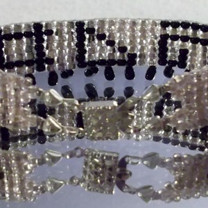 Silver-lined Crystal and Black Hieroglyphics with Fringe  7-1/2-inch/19 cm Woven Beads Bracelet