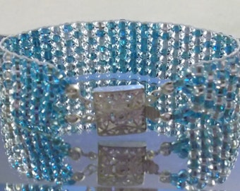 Silver-lined Aqua and Crystal  7-1/2-inch/19 cm Woven Beads Bracelet