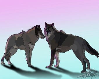 10"X 8" Wolf painting, wolf print, two wolves, Nature wolves, Wolf, digital art, Native American art, Indian Art, free shipping