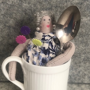 DEMITASSE CUP PINCUSHION Lady with spoon in Crown Staffordshire cup Handmade Pch-196