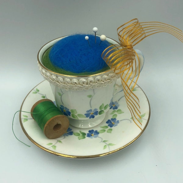 TEACUP PINCUSHION vintage Adderly upcycled Hand Painted Blue Posies Pch-101