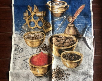 PAÑO DE COCINA DE LINO IRLANDÉS DUNMOY VINTAGE CON ESPECIAS Y MAPA T313