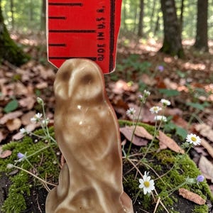 May include: A brown ceramic owl figurine, approximately 2 inches tall, stands on a mossy stump with small white flowers. The owl has a glossy finish and detailed features, set against a blurred forest backdrop.