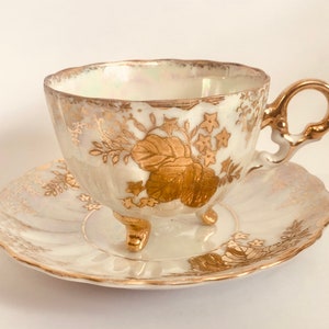 vintage 50's STERLING CHINA Footed Teacup and Saucer Iridescent LUSTERWARE Japan Gs 2A-157b