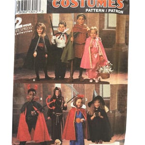 May include: Simplicity Costumes pattern featuring children in various Halloween costumes. The costumes include a witch, devil, princess, and medieval characters. The pattern is from the 2 Hour Express collection.