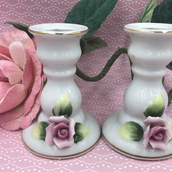 1960s NORLEANS CANDLEHOLDERS White Porcelain Candlesticks HP Pink Applied Roses Gs4B-2