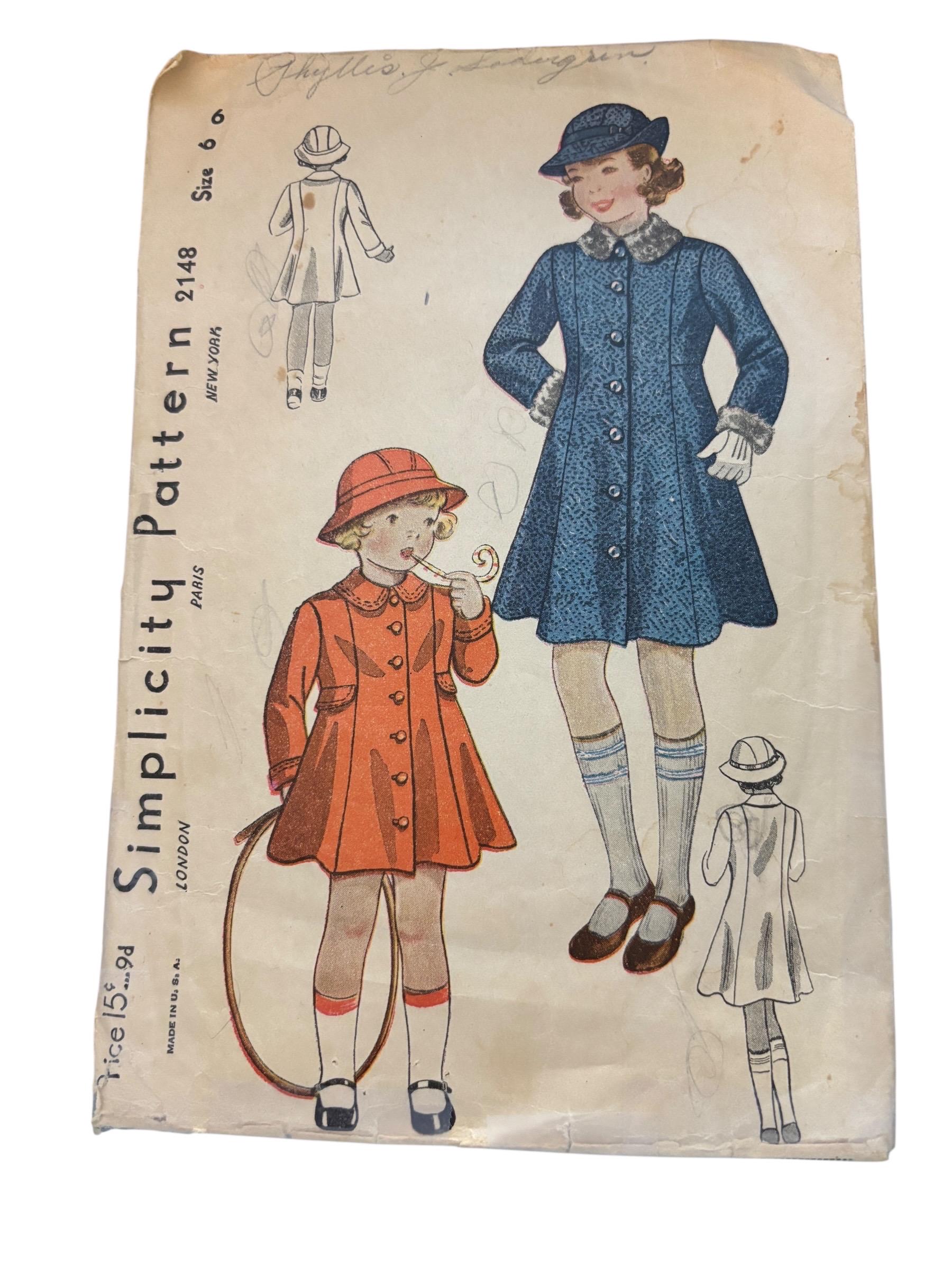 Cut 1930's SIMPLICITY Pattern #2148 Girl's COAT & HAT Size 6 P1033 - Etsy