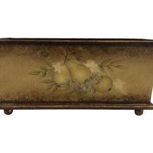 May include: A rectangular metal planter with a distressed brown finish. The planter features a hand-painted design of pears and grapes with white flowers.