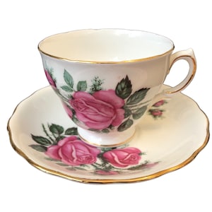 vintage ROYAL VALE footed TEACUP & Saucer 1960's Bone China Pink Roses and Buds gS2A-114