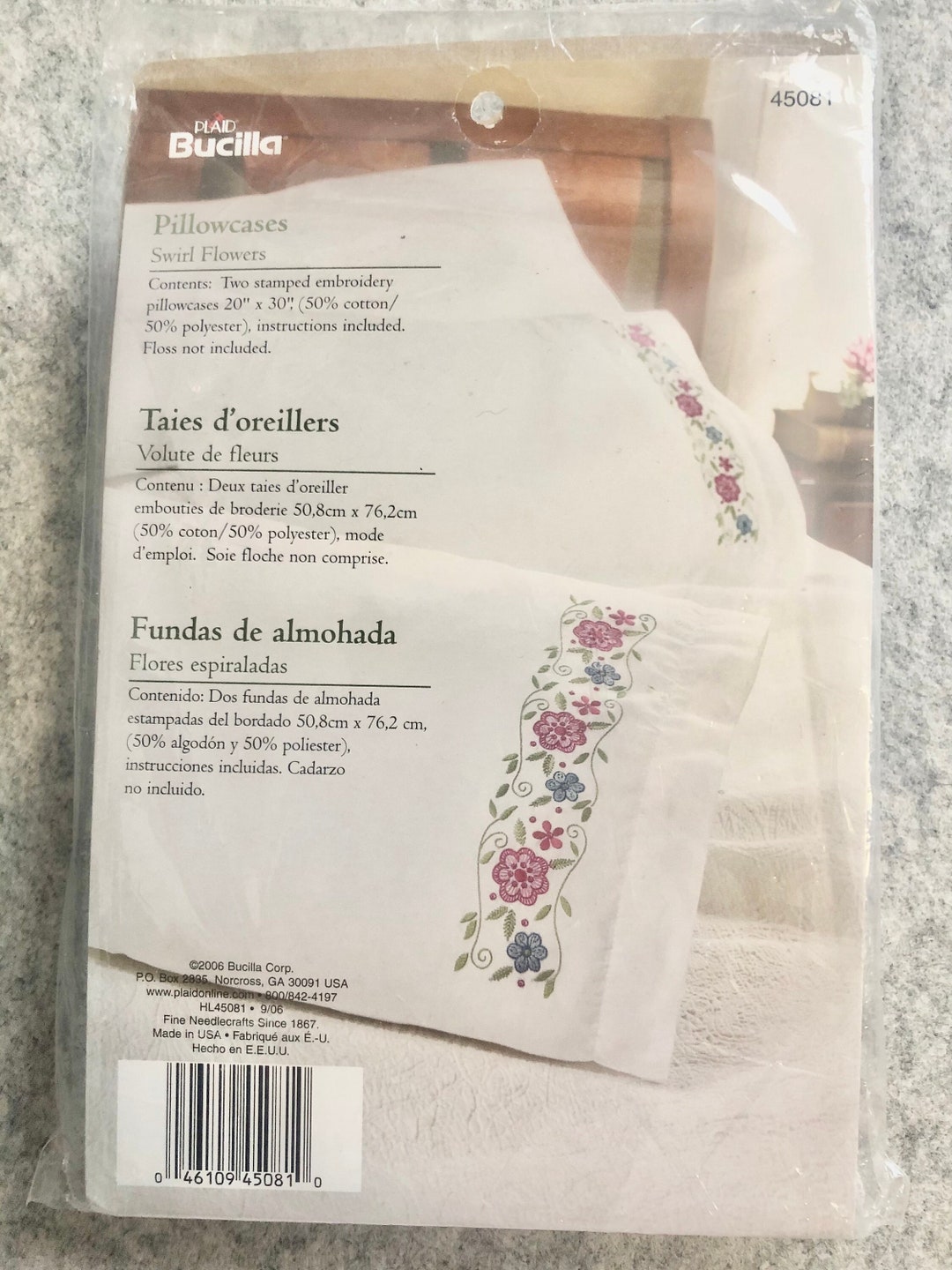 BUCILLA Stamped Embroidery PILLOWCASE Set KIT 45081 swirl Flowers New