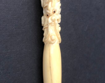 mid-century Hand Carved Bone DRAGON CIGARETTE HOLDER Asian Gs6E-22ch